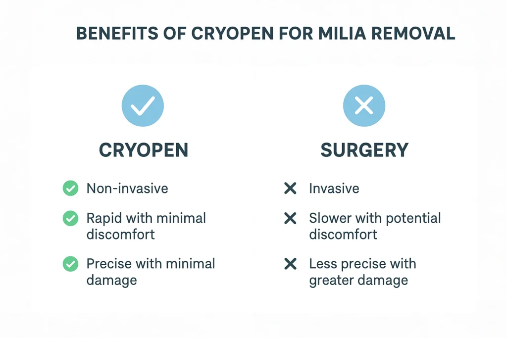 Benefits of cryopen for milia removal Bedford Park compared to surgical treatments.