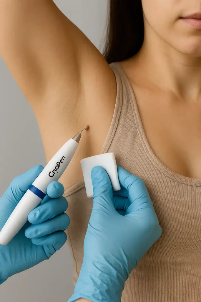 woman having cryopen to remove underarm skin tags Bedford Park