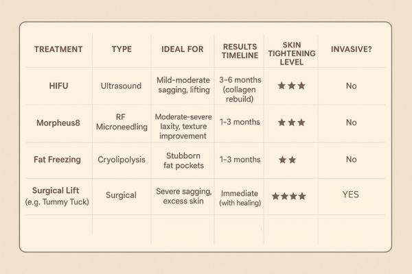Table showing the comparisons of Skin tightening Bedford Park treatment options.